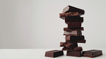 Tower of smooth chocolate blocks on a crisp white backdrop.