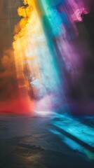 Naklejka premium A vibrant and dynamic scene showcases a mesmerizing mixture of multicolored smoke illuminated by soft, filtered light, creating an ethereal and surreal atmosphere. The smoke, appearing in bright hues 