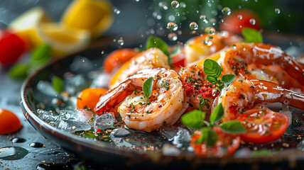 food photography, shrimps with ice and lemon on a dark background, splashes of water around the food, red tomatoes and green coriander leaves