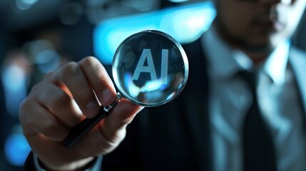 Businessman use magnifying glass focus to virtual Ai icon for artificial intelligence use analytics