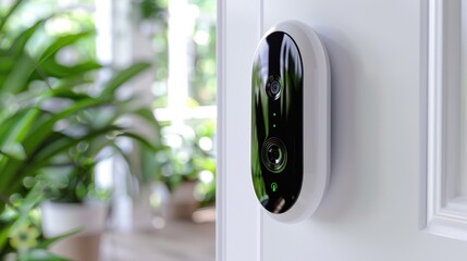 A white thermostat with a green plant next to it