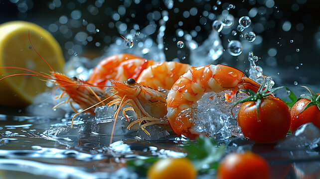 food photography, shrimps with ice and lemon on a dark background, splashes of water around the food, red tomatoes and green coriander leaves