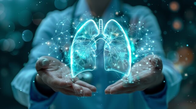 Doctor holding virtual lungs. Pulmonologist doctor, lungs specialist. Diagnostic concept.