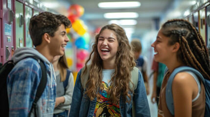 Obraz premium A group of teenagers laughing in a school hallway