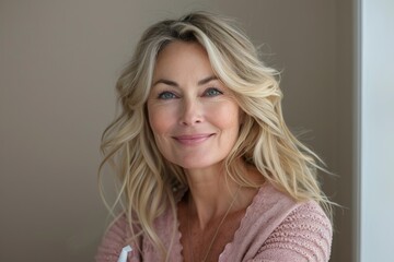 Fototapeta premium Mature woman with long blonde hair looking at her reflection in a warmly lit mirror.