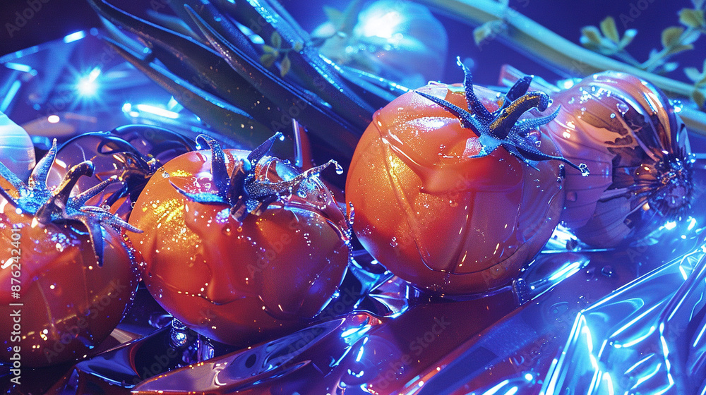 Poster a cluster of oranges perched on a metallic surface, illuminated by azure radiance from behind