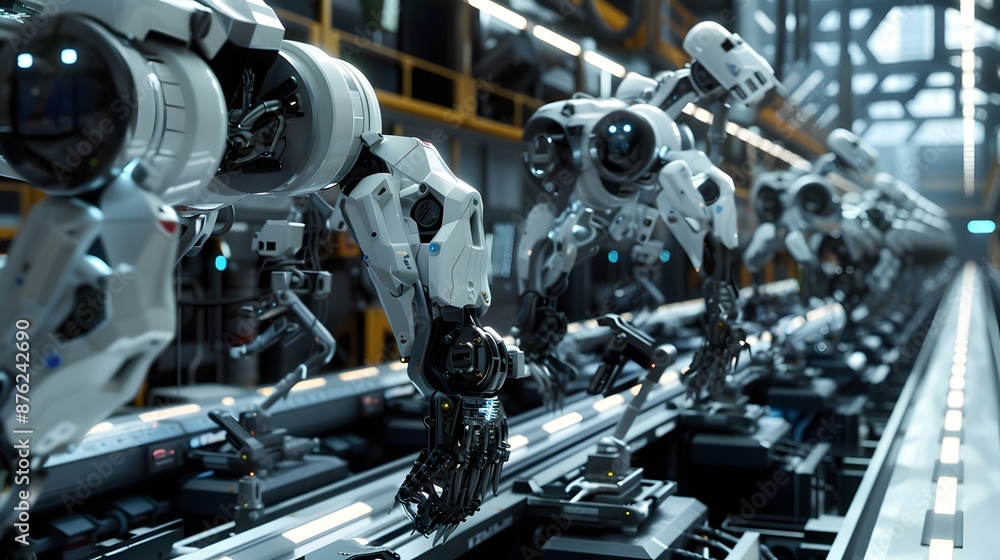 Poster a row of robotic arms operating in a high-tech factory, highlighting advanced automation and technol
