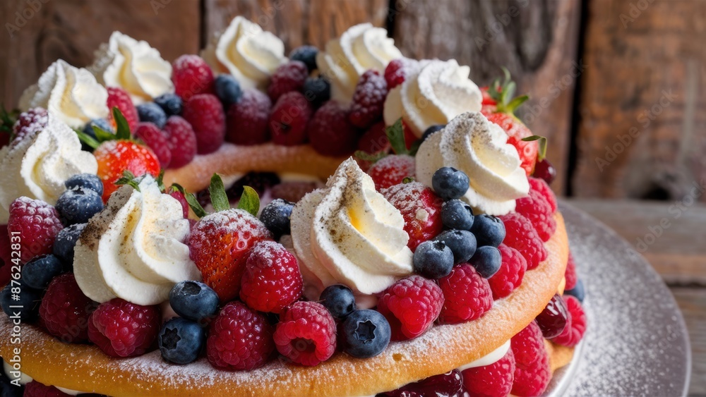 Sticker a large cake with berries and whipped cream on a plate, ai