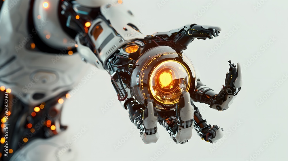 Poster close-up of a robotic hand with a glowing core, highlighting advanced technology and futuristic desi