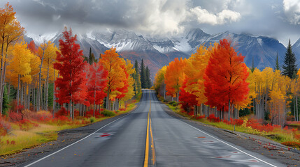 Scenic Road with Vibrant Autumn Foliage and Mountain View
