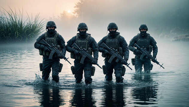 underwater operation commandos armed at sea
