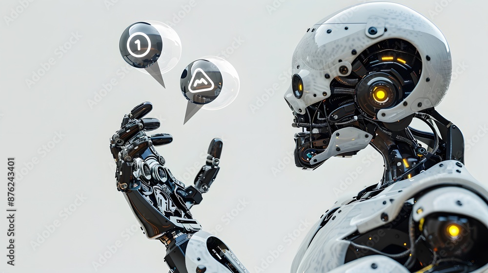 Poster a robot analyzing data on a holographic display, highlighting advanced technology and future data an