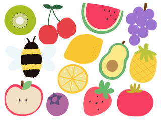 Set with cute bee, cherry, kiwi, lemon, avocado, watermelon, grape blueberry, tomato, strawberry pineapple and apple on a white