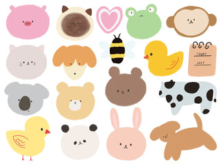 Set with cute bee, pig, dog, cat, baby chicken, cow, frog bear, rabbit, panda, koala, monkey and heart