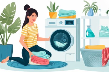 Joyous young lady sorting clothes by the washing machine in the laundry room.
