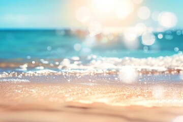 A serene beach scene highlighting the glistening sun reflecting off the gentle waves and soft, sandy shore