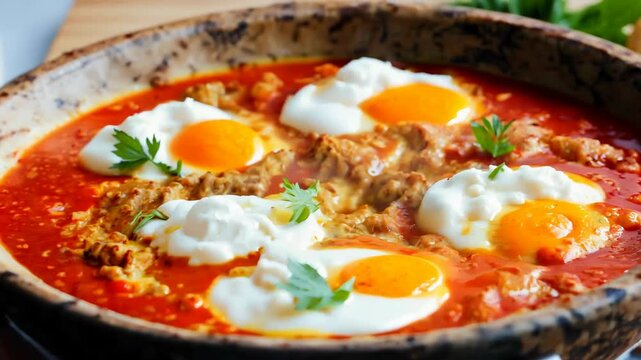 Savory shakshuka with poached eggs and fresh herbs close-up