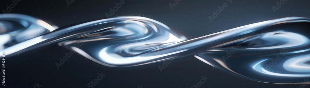 Poster close-up of a sleek, reflective metallic twisted structure on a dark background, highlighting smooth