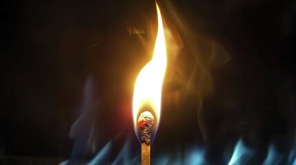   A matchstick is lit at its center, emitting flames