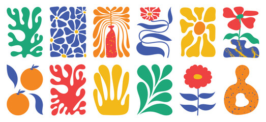 Botanical doodle background art vector set. Flower and leaves abstract shape doodle art design for print, wallpaper, clipart, wall art for home decoration.