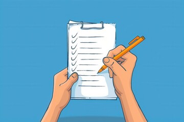 Illustration of hands holding a checklist and pencil on a blue background. Perfect for productivity, organization, or planning concepts.