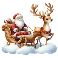 Watercolor painting of a Santa Claus is riding in a red sleigh pulled by reindeer.