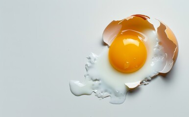 A broken egg on a white surface, showing yolk and white