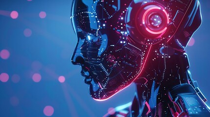 A beautiful portrait of a female cyborg with glowing red and blue circuitry and a glowing red eye.