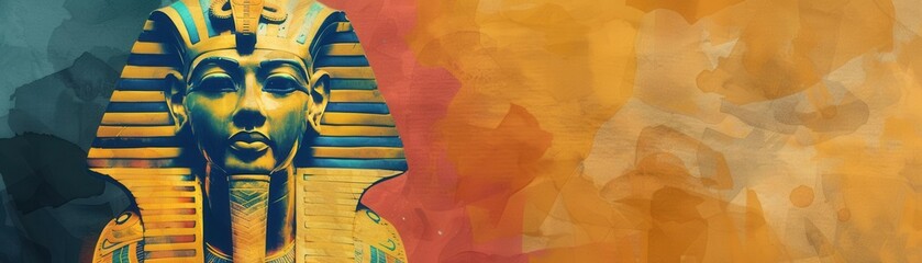Vivid digital artwork featuring an Egyptian pharaoh mask with vibrant background colors, representing ancient civilization's history and culture.