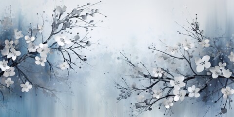 White blossom flowers of cherry sakura on blue decorative background garden plant scene