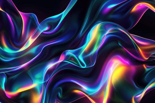 Abstract colorful neon waves, liquid shapes, 3D render, iridescent holographic colors on a dark background, fluid art