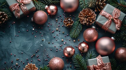 christmas composition,gift boxes fir branches pink shiny balls ornaments on grey background flat lay top view.stock photo