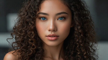 Beautiful Asian Black Woman with Blue Eyes and Curly Hair. AI generatic.