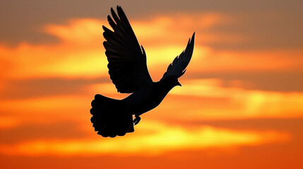 Obraz premium Bird in flight against a vibrant sunset sky.