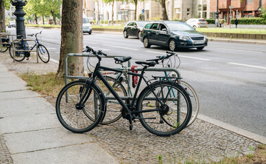 Closeup of bicycles in the city