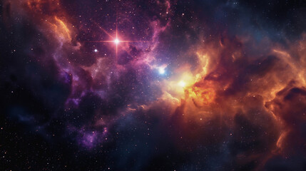 Fototapeta premium Illustration of an abstract dark blue night sky with a nebula, bright purple, orange, and yellow colors of a galaxy or infinite cosmic space with stars, concept of astronomy, planets, cosmos.