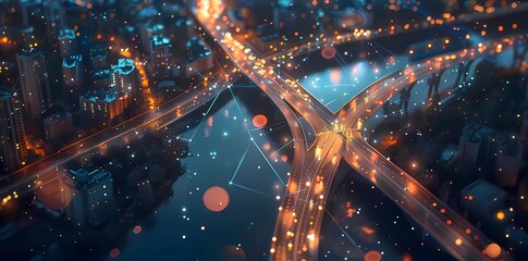 Digital map with network connections and data transfer on the background of a river and bridge at night in a cityscape. Big Data technology concept.