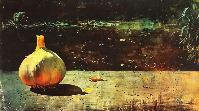 An onion sits atop wooden plank by water's edge, surrounded by vibrant flora