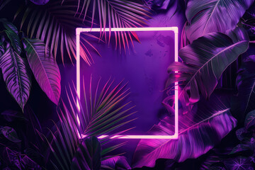 Neon square frame surrounded by tropical leaves natural background