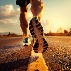 close up Runner feet running on road