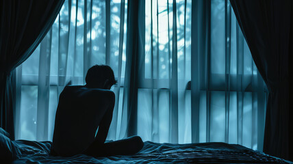 Silhouette of depressed Woman sitting on bed