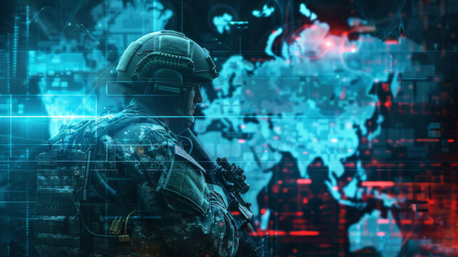 Monitoring and managing security technology in a military surveillance hub headquarters. Concept Military Surveillance