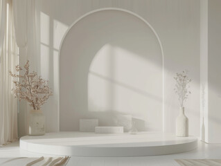 Minimalist White Marble Podium, front view focus, with a Clean Scandinavian Living Room Background