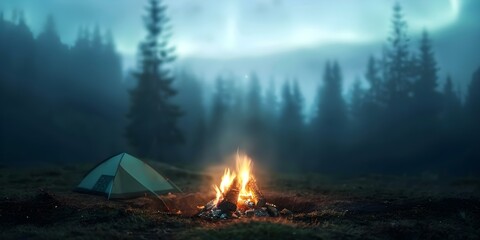 Obraz premium A serene campfire in a forest with Northern Lights illuminating the sky. Concept Nature, Campfire, Forest, Northern Lights, Serenity