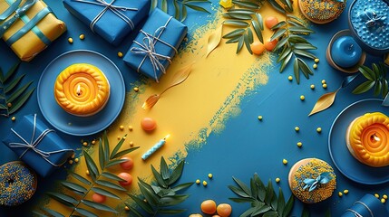 happy hanukkah banner design flat lay composition,menorah jelly donut plate,napkin,cutlery gift boxes on yellow background.stock photo