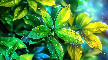 Fototapeta premium A painting depicts a lush plant with droplets of water on its emerald foliage