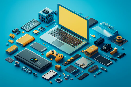 simple graphic component about IT computing with laptop, mobile, serveur, paper any related tools with computing.