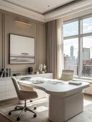 minimalist home office with a spacious white desk, ergonomic chair, and large windows with cityscape views