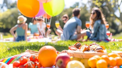 "A lively picnic scene with a diverse group of friends enjoying a sunny day in the park, surrounded by delicious food and drinks on a colorful blanket."