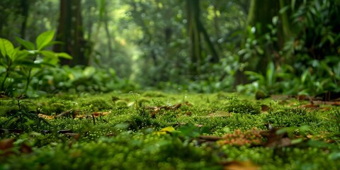 Obraz premium Tropical mosses and lichens cover forest floor providing habitat for insects. Concept Mossy Forest Floor, Tropical Ecosystem, Insect Habitat, Lichen Biodiversity